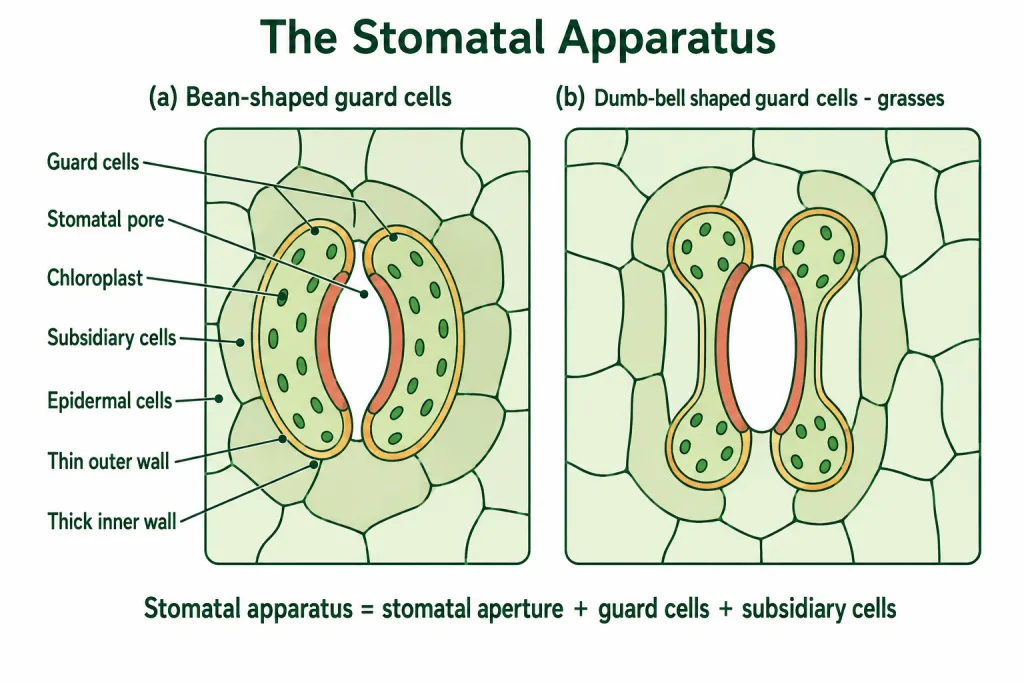 Bean-shaped and dumb-bell shaped guard cells with pore and subsidiary cells