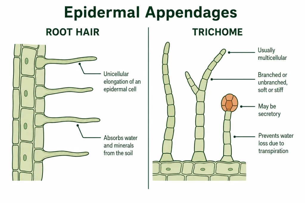 Unicellular root hairs and multicellular branched trichomes on a stem