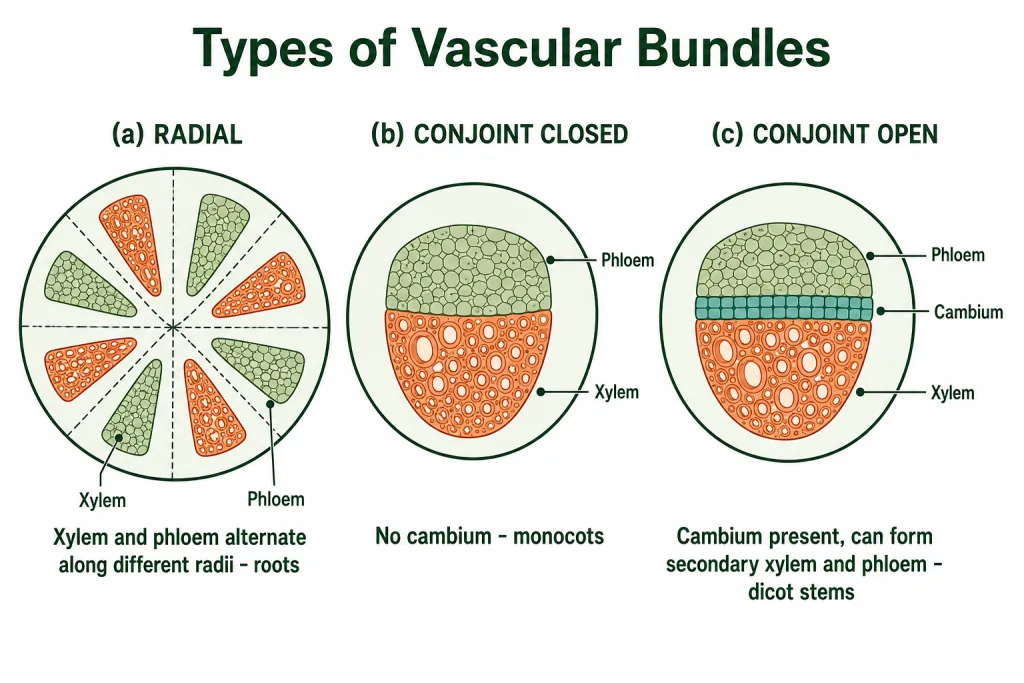 Radial, conjoint closed and conjoint open vascular bundles in section