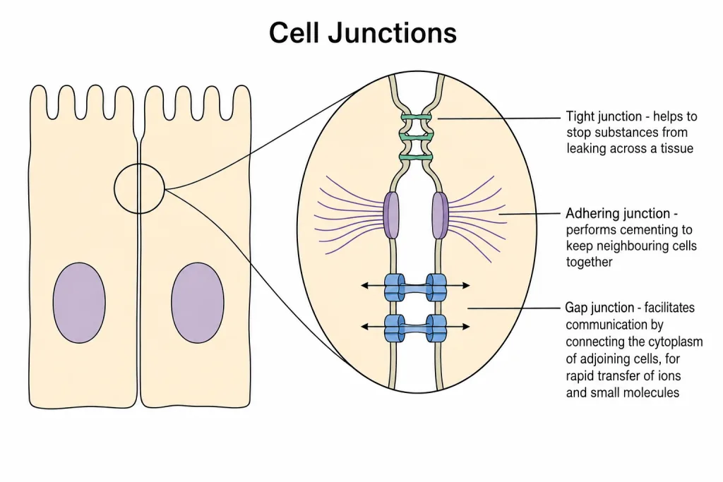 Tight, adhering and gap junctions between two epithelial cells