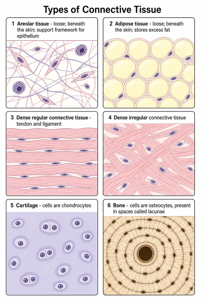 Areolar, adipose, dense regular, cartilage, bone and blood compared