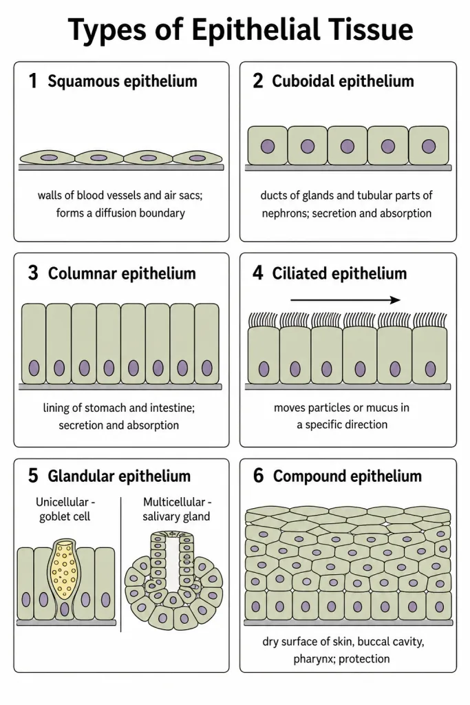 Squamous, cuboidal, columnar, ciliated and compound epithelium compared