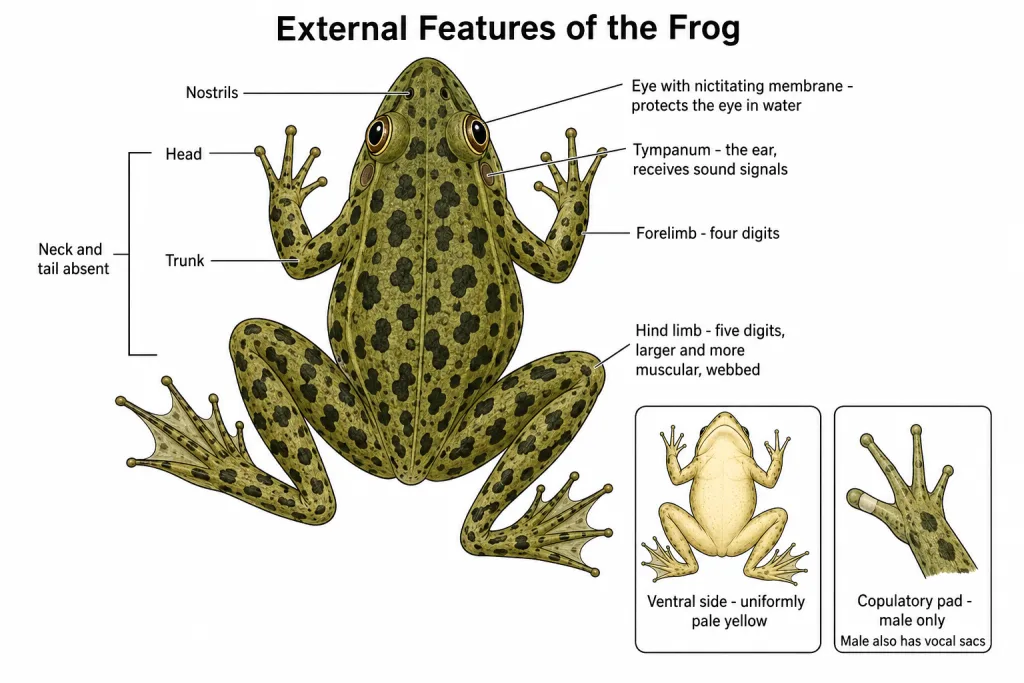 External features of a frog with head, trunk, eye, tympanum and limbs