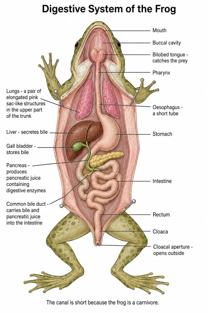 Internal organs of a frog showing the complete digestive system labelled
