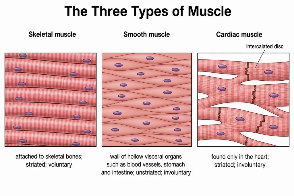Skeletal, smooth and cardiac muscle fibres with intercalated discs