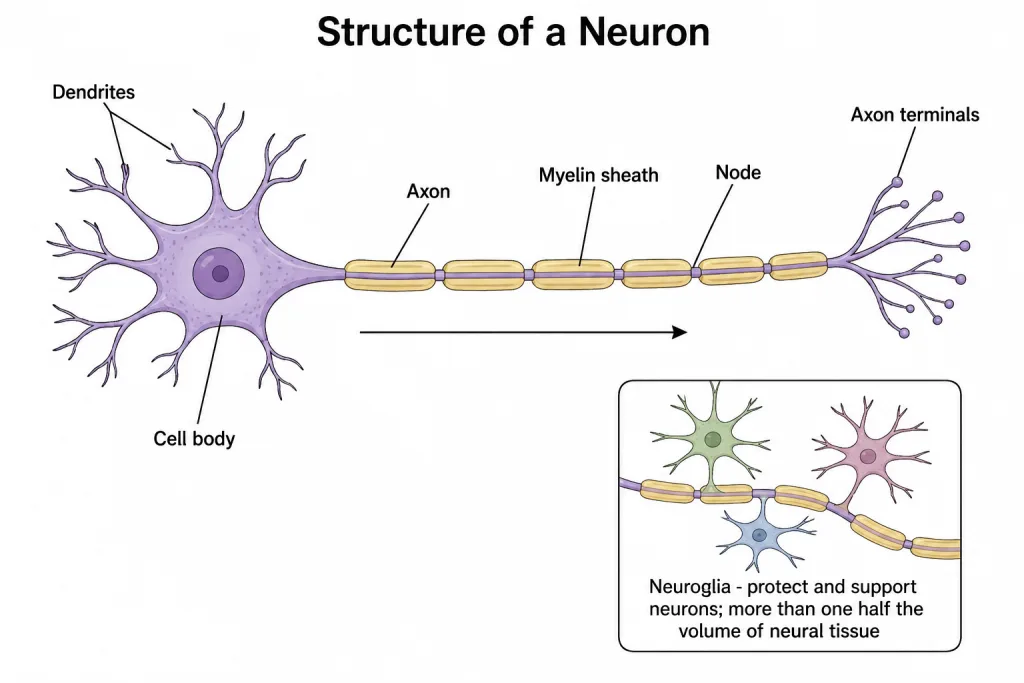 A neuron with its input zone, cell body and output zone beside neuroglia