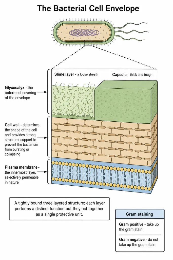 Three layered bacterial cell envelope - glycocalyx, cell wall and plasma membrane