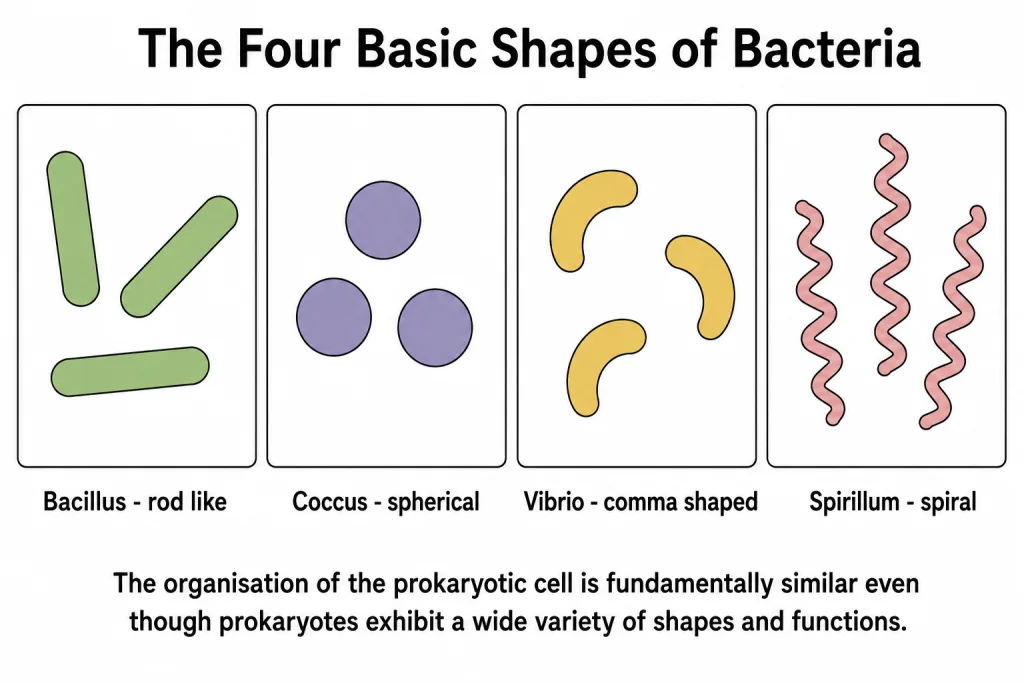 Four basic shapes of bacteria - bacillus, coccus, vibrio and spirillum