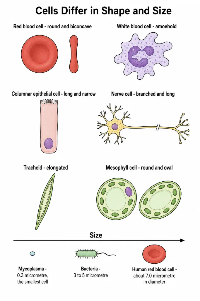 Different cell shapes with red blood cells, nerve cell and tracheid