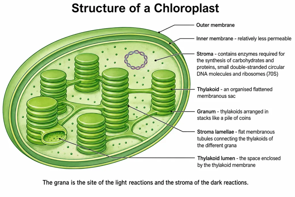 Sectional view of a chloroplast with grana, stroma and stroma lamellae