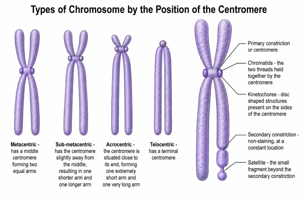 Metacentric, sub-metacentric, acrocentric and telocentric chromosomes