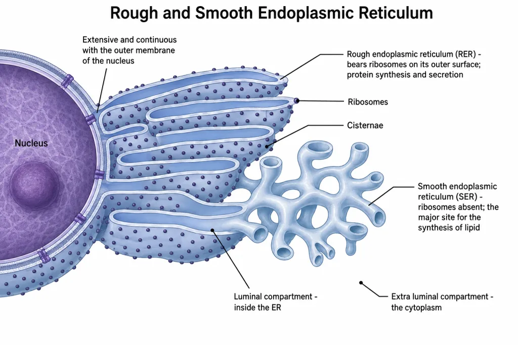 Rough and smooth endoplasmic reticulum with attached ribosomes