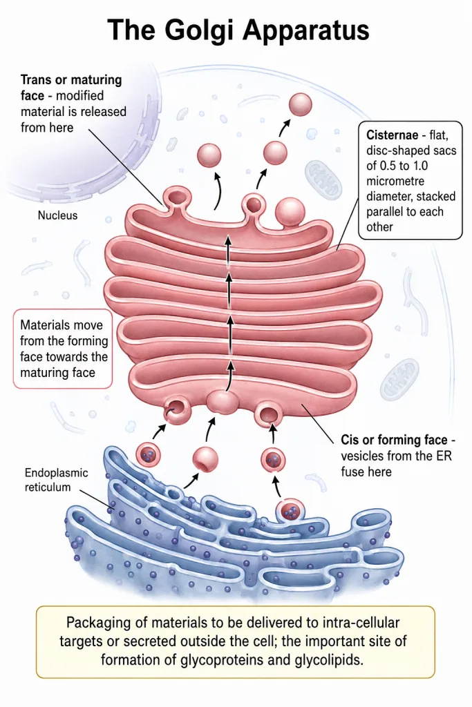 Stacked cisternae of the golgi apparatus with cis and trans faces