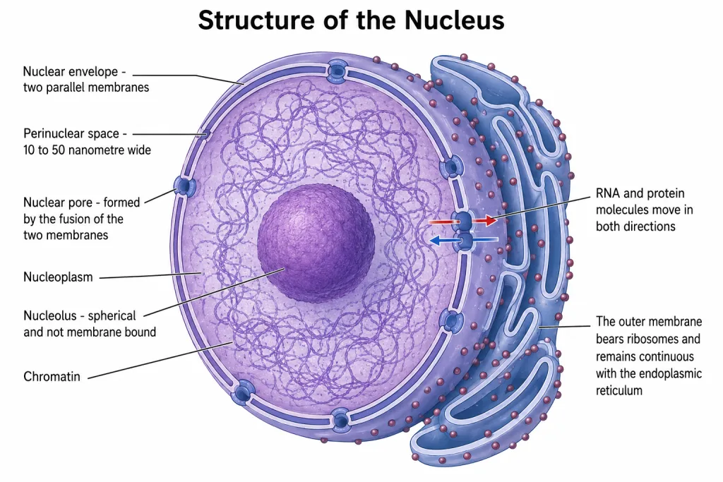Structure of the nucleus with envelope, pores, nucleolus and chromatin