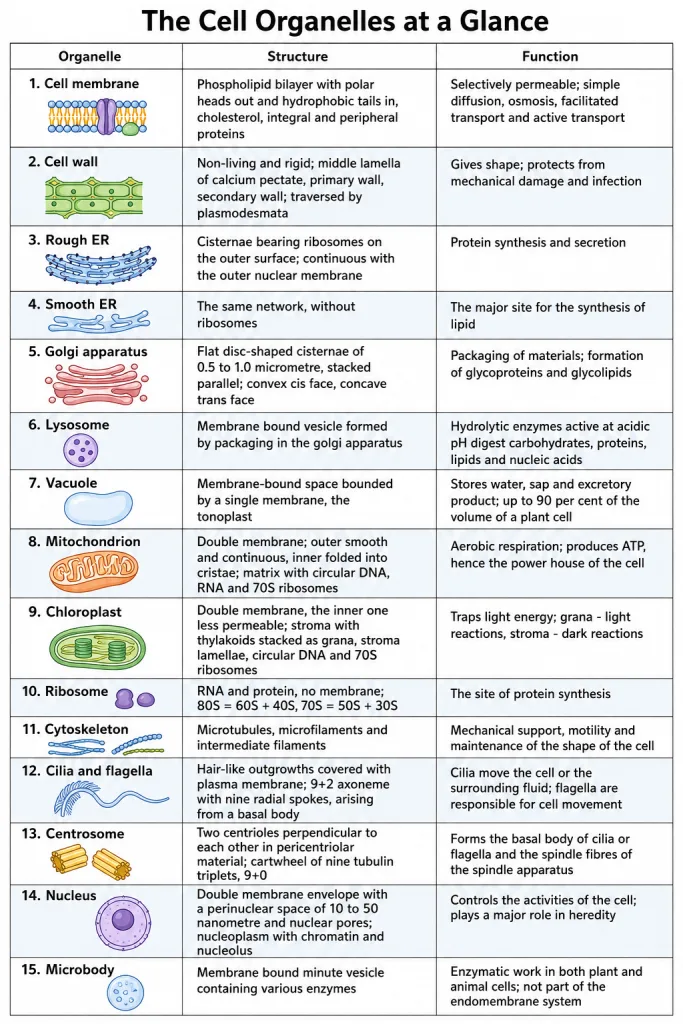 Chart summarising the cell organelles with their structure and function