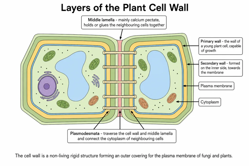 Layers of the plant cell wall with middle lamella and plasmodesmata