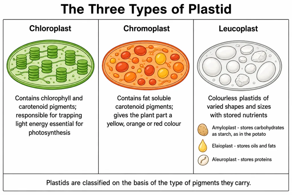 Chloroplast, chromoplast and leucoplast compared by pigment