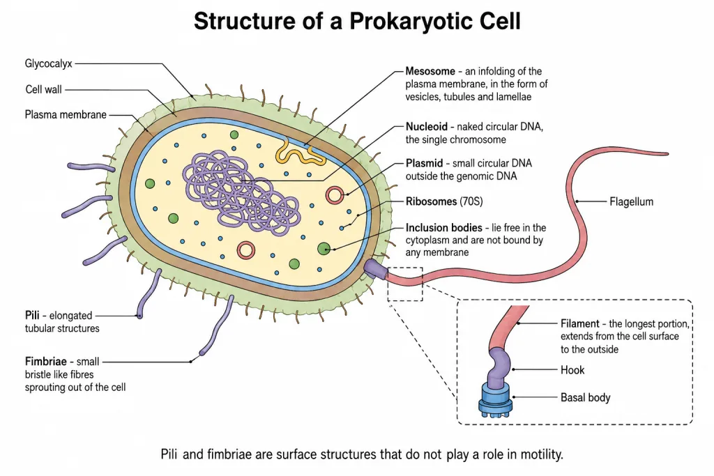 Labelled bacterial cell showing mesosome, flagellum, pili, nucleoid and ribosomes