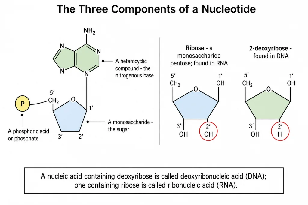 Structure of a nucleotide showing base, sugar and phosphate