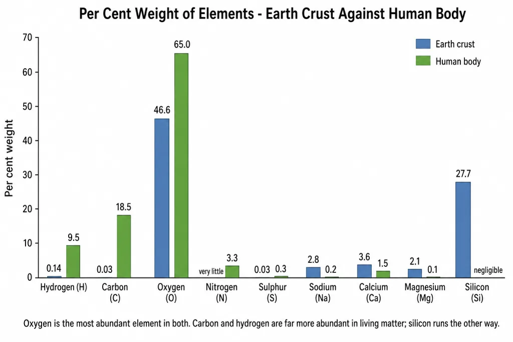 Bar chart comparing elements in the earth crust and the human body