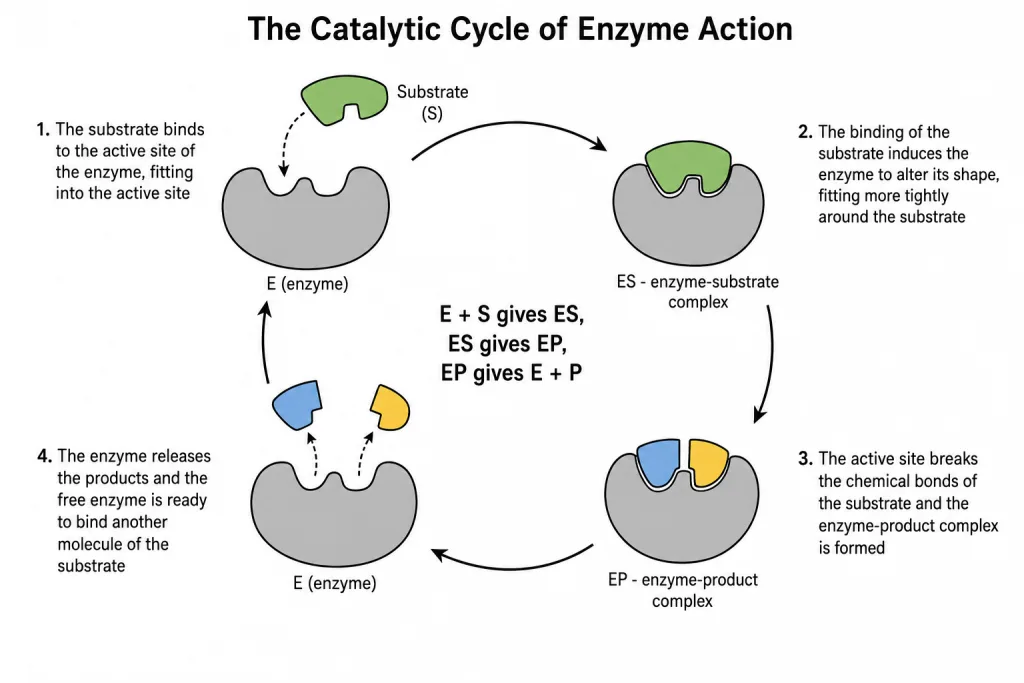 The four steps of the catalytic cycle of enzyme action