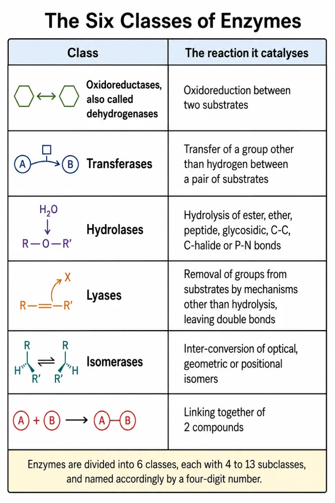 The six classes of enzymes with the reaction each one catalyses