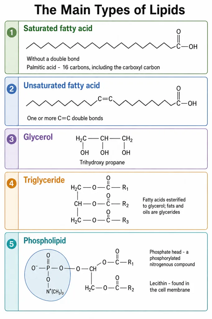 The main types of lipids - fatty acids, glycerol, glycerides and a phospholipid