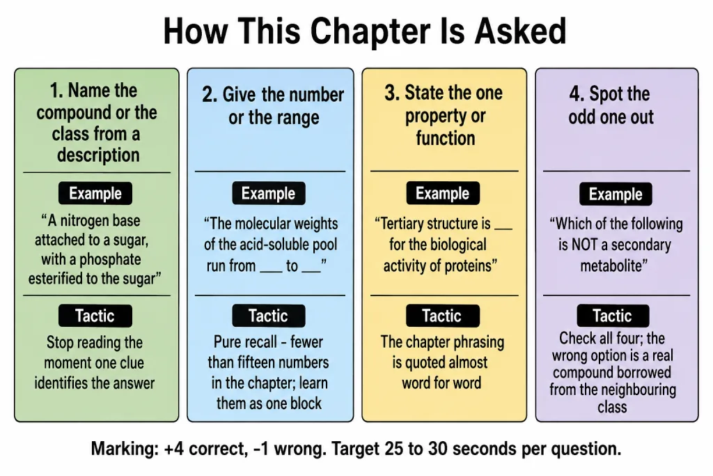 Four question shapes used for the biomolecules chapter in NEET