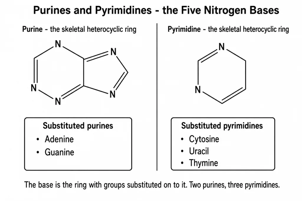 The purine and pyrimidine ring skeletons with the five nitrogen bases
