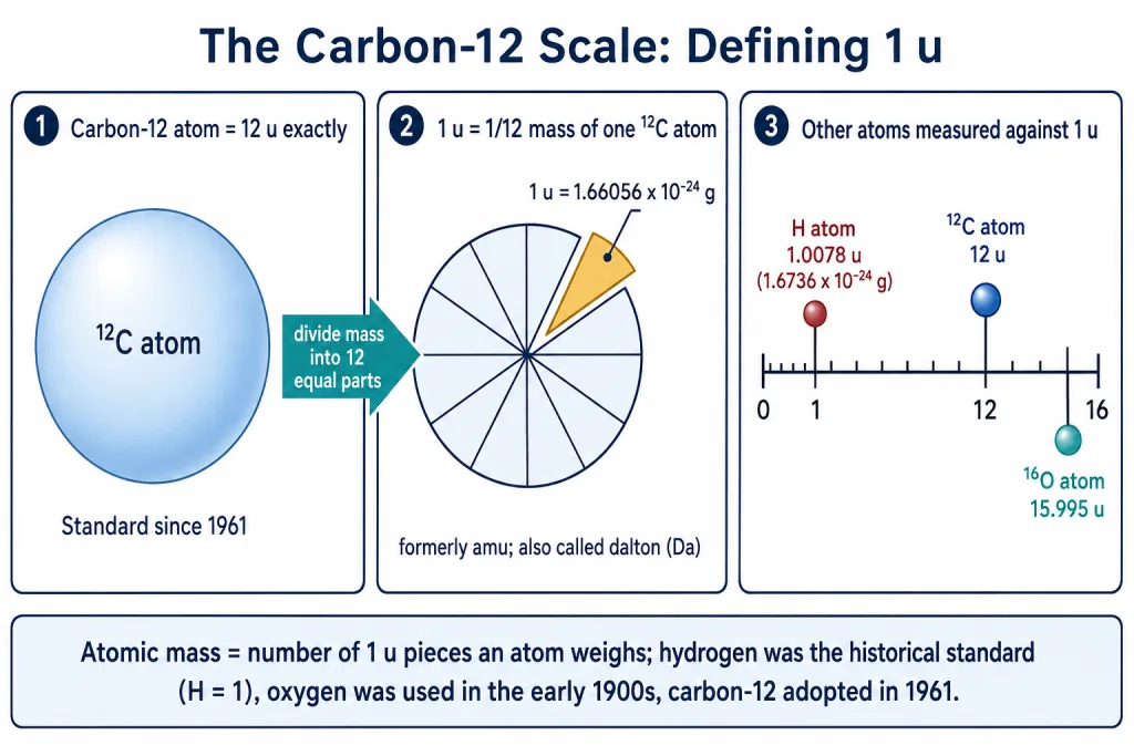 Carbon-12 atom split into twelve parts defining the unified mass unit