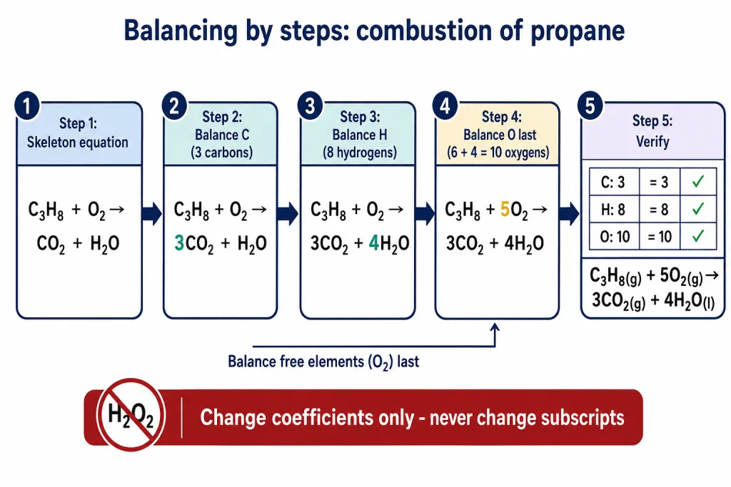 Five-step flow for balancing the combustion of propane