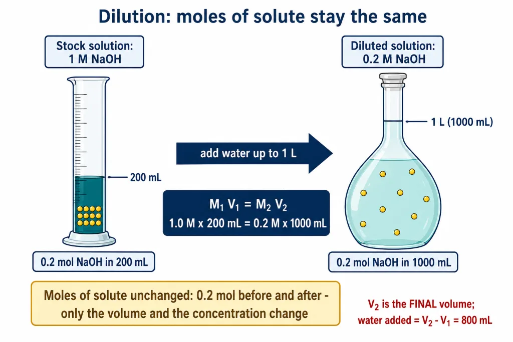 Dilution of 1 M NaOH to 0.2 M with moles of solute unchanged