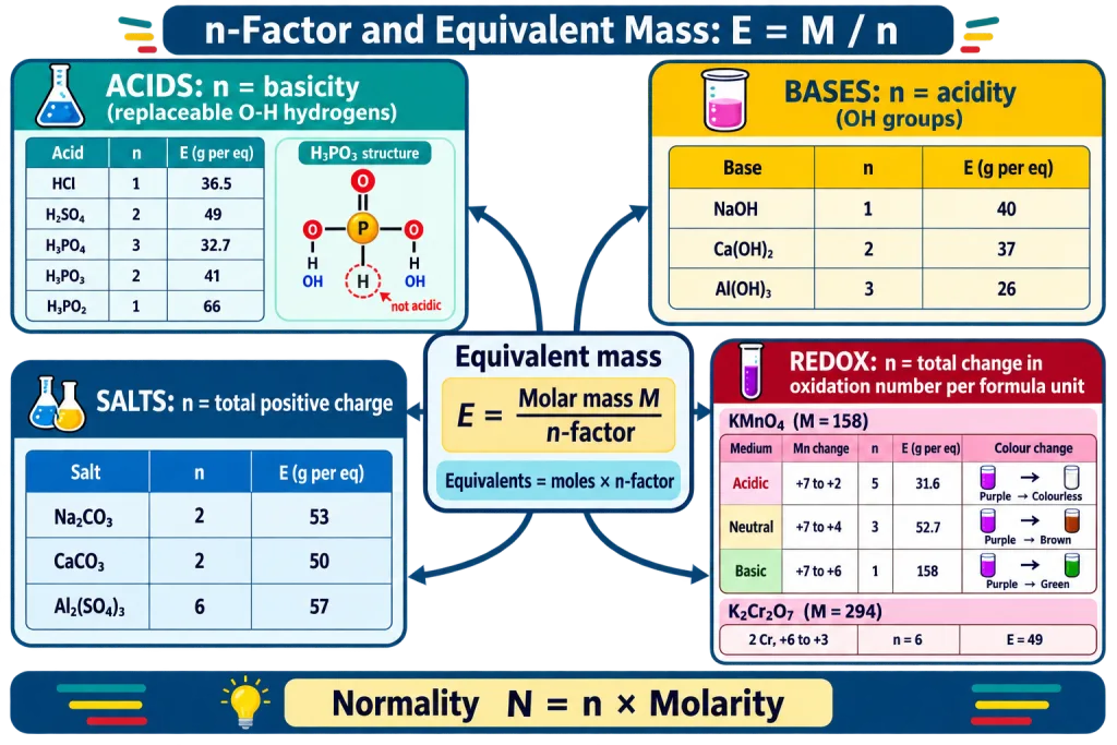 Map of n-factor rules for acids, bases, salts and redox species with equivalent-mass examples
