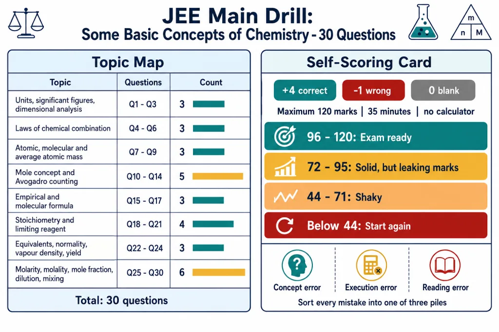 Topic map and self-scoring card for the 30-question JEE Main chemistry drill