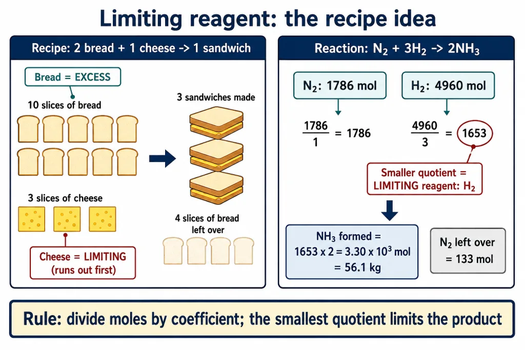 Sandwich recipe analogy showing cheese as the limiting ingredient and bread in excess
