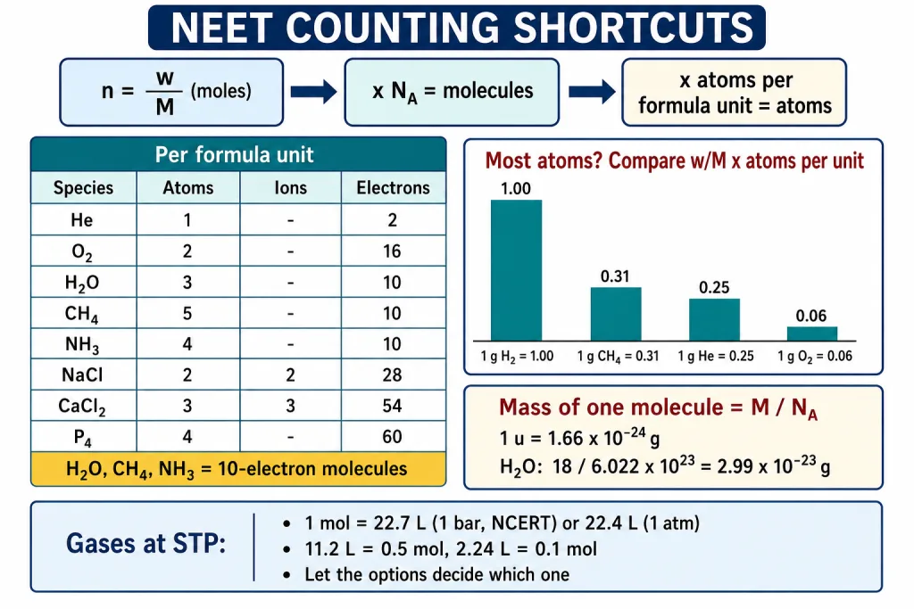 One-page card of NEET counting shortcuts for atoms, molecules, ions and electrons