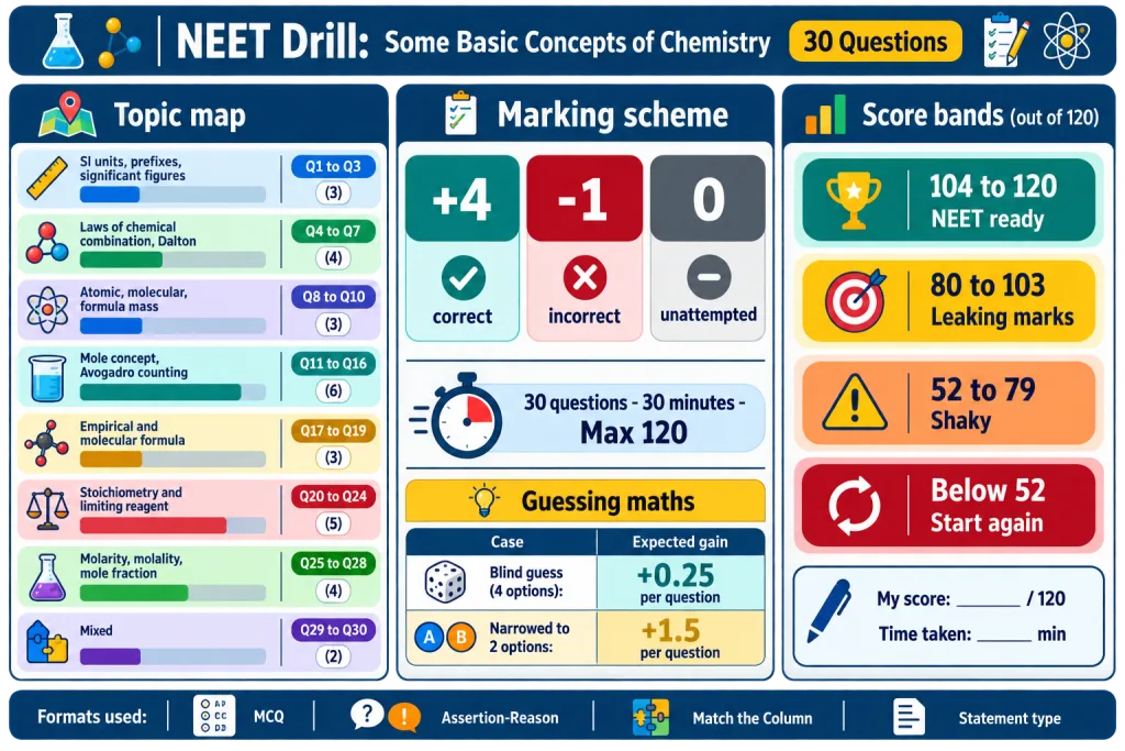Topic map and NEET self-scoring card for the 30-question chemistry drill