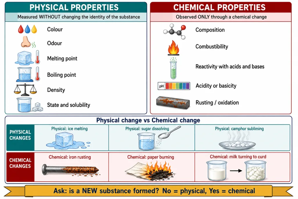 Comparison card of physical versus chemical properties with examples
