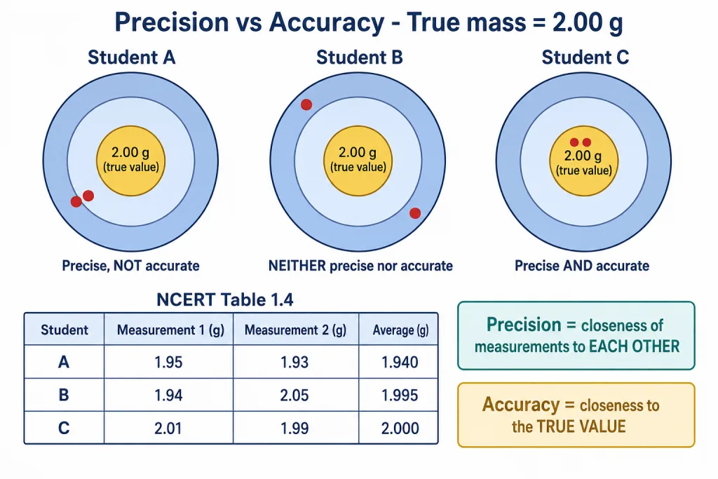 Three dartboard targets showing precise-not-accurate, neither, and both precise and accurate