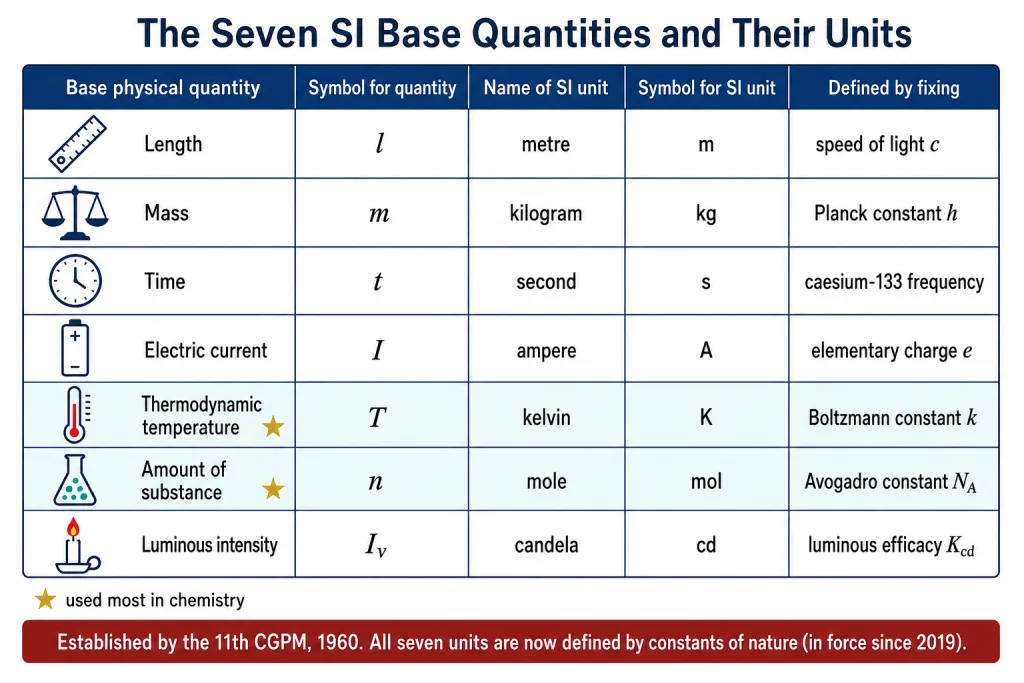 Table of the seven SI base quantities, symbols and units