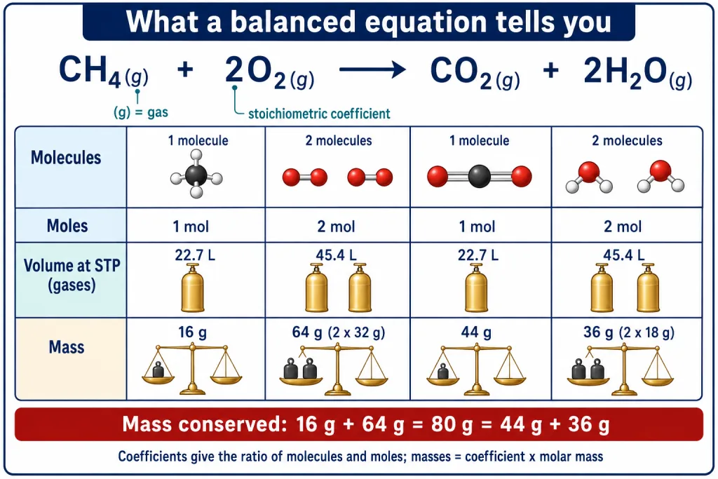 Methane combustion equation read as molecules, moles, STP volumes and grams