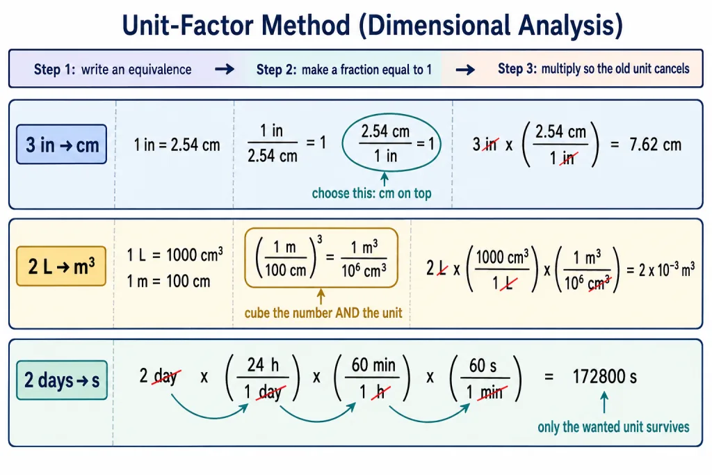 Flow diagram of the unit-factor method showing three worked conversions