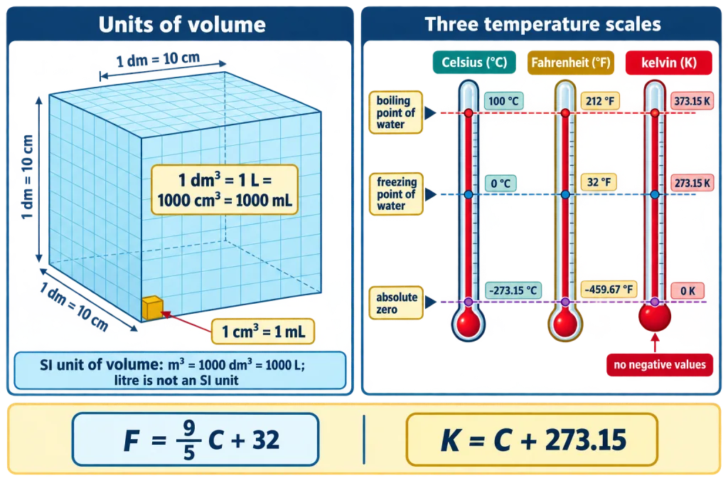 Volume unit relations and the three temperature scales