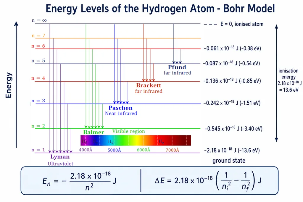 Hydrogen energy level ladder with Lyman, Balmer and Paschen transitions
