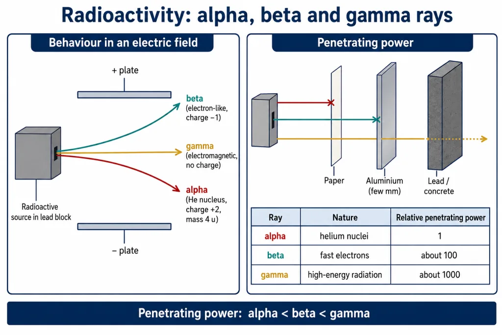 Alpha, beta and gamma rays in a field and their penetrating power