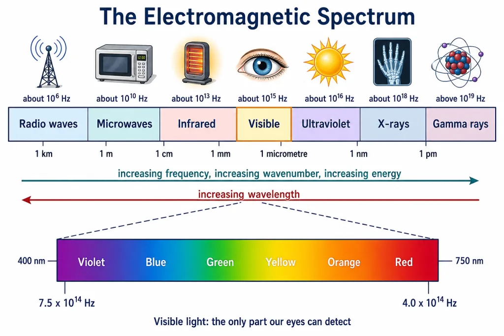 Electromagnetic spectrum strip from radio to gamma rays with visible window