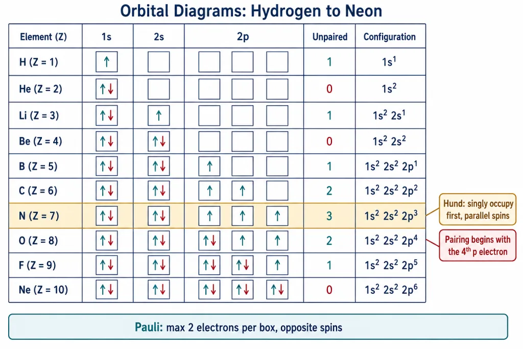 Orbital box diagrams of hydrogen to neon following Hund rule