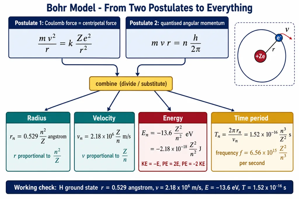 Bohr derivation map from two postulates to radius velocity energy and time period