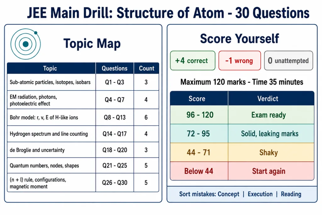 Topic map and self-scoring card for the 30-question JEE Main atom drill