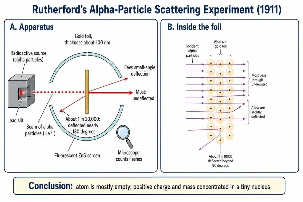 Rutherford gold foil experiment with three fates of alpha particles